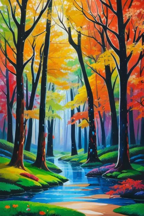 Acrylic paint, The Body, Magical Forest, Sumi-e, Layered, Warm, style of David C. Driskell, style of Aristarkh Lentulov, featured on Pixiv