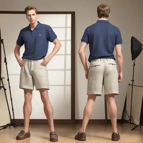 photo of two male modeling standing, wearing polo shirt, linen shorts, and driving moccasins, photo, studio shot ADDCOMM
a man facing forward ADDCOL
back of a man facing away