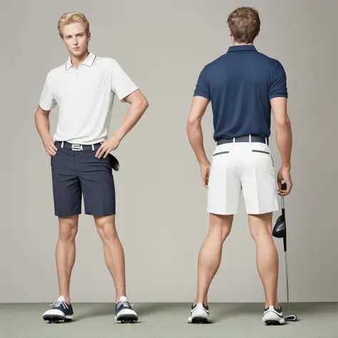 photo of two male modeling standing, wearing golf shorts, golf polo, golf shoes, photo, studio shot ADDCOMM
a man facing forward ADDCOL
back of a man facing away