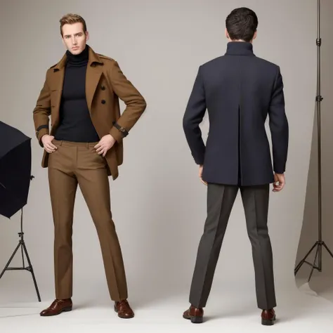 photo of two male modeling standing, wearing wool peacoat, turtleneck, chinos, dress shoes, photo, studio shot ADDCOMM
a man facing forward ADDCOL
back of a man facing away