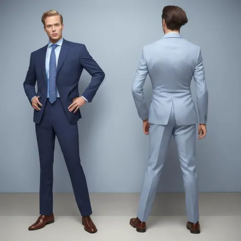 photo of two male modeling standing, wearing navy blue suit, light blue dress shirt, patterned tie, brown dress shoes, photo, studio shot ADDCOMM
a man facing forward ADDCOL
back of a man facing away