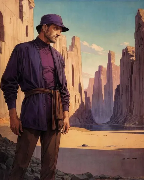a man, art by Moebius, Abstracted Landscapes Muted color scheme, Fresco, as featured on RenderHub