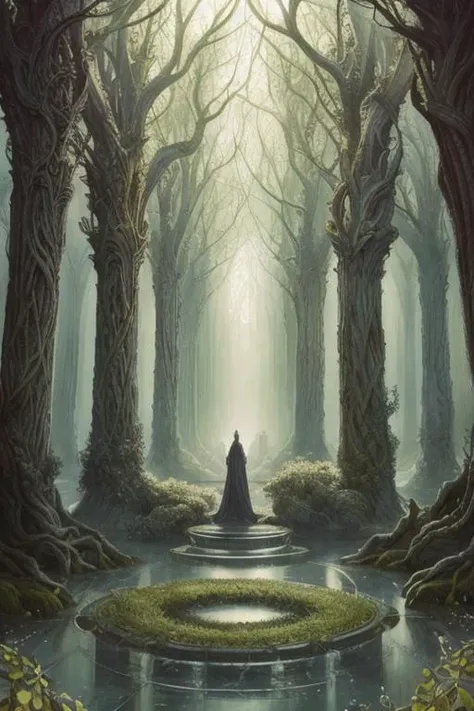 Tenebrism, Mythology, Giant Tree City, Soft Pastels, Balanced, Tetradic, style of Anne Bachelier, style of Simon Prades, featured on CGHub