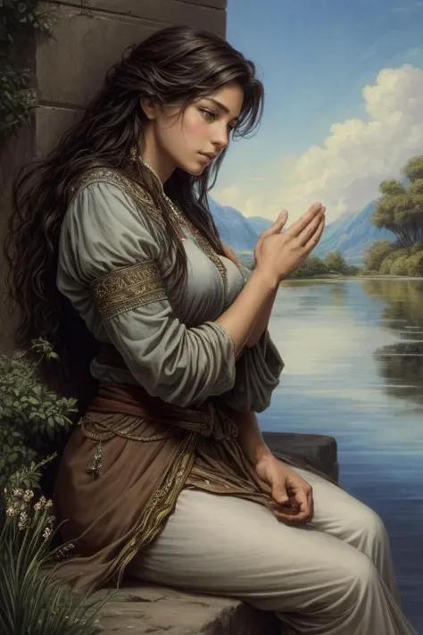 close up of 1 woman, attractive, of mexican descent, knight sitting by a river, during the day, beautiful face, beautiful sky, (oil painting), classical art:0.4, detailed, intricate, (fantasy art), muted color:0.25, best quality, good anatomy, good composition, good proportions, good design, dynamic pose, good pose, realistic sky, realistic backgrounds, (cinematic), (highest quality, award winning, masterpiece:1.3), (art by Arthur Rackham:0.5), (((natural colors))), (photorealistic:1.4), ((empty hands, holding nothing)),<lora:add_detail:0.6>