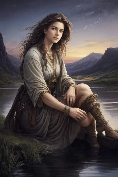 close up of 1 woman, middle aged, of scottish descent, paladin sitting by a river, a moonlit night, beautiful face, beautiful sky, (oil painting), classical art:0.4, detailed, intricate, (fantasy art), muted color:0.25, best quality, good anatomy, good composition, good proportions, good design, dynamic pose, good pose, realistic sky, realistic backgrounds, (cinematic), (highest quality, award winning, masterpiece:1.3), (art by Arthur Rackham:0.5), (((natural colors))), (photorealistic:1.4), ((empty hands, holding nothing)),<lora:add_detail:0.6>