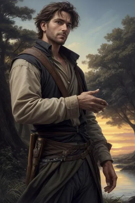 close up of 1 man, attractive, of scottish descent, rogue walking in the forest, at sunset, beautiful face, beautiful sky, (oil painting), classical art:0.4, detailed, intricate, (fantasy art), muted color:0.25, best quality, good anatomy, good composition, good proportions, good design, dynamic pose, good pose, realistic sky, realistic backgrounds, (cinematic), (highest quality, award winning, masterpiece:1.3), (art by Arthur Rackham:0.5), (((natural colors))), (photorealistic:1.4), ((empty hands, holding nothing)),<lora:add_detail:0.6>