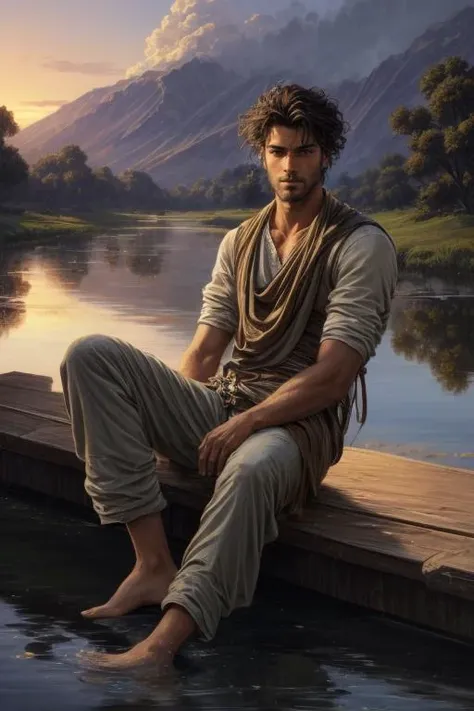 close up of 1 man, handsome, of Moroccan descent, fighter sitting by a river, at sunrise, beautiful face, beautiful sky, (oil painting), classical art:0.4, detailed, intricate, (fantasy art), muted color:0.25, best quality, good anatomy, good composition, good proportions, good design, dynamic pose, good pose, realistic sky, realistic backgrounds, (cinematic), (highest quality, award winning, masterpiece:1.3), (art by Arthur Rackham:0.5), (((natural colors))), (photorealistic:1.4), ((empty hands, holding nothing)),<lora:add_detail:0.6>