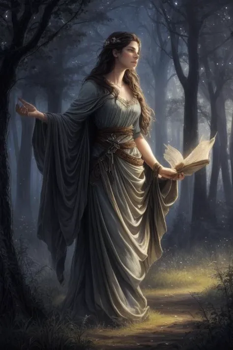 close up of 1 woman, attractive, of irish descent, druid walking in the forest, a moonlit night, beautiful face, beautiful sky, (oil painting), classical art:0.4, detailed, intricate, (fantasy art), muted color:0.25, best quality, good anatomy, good composition, good proportions, good design, dynamic pose, good pose, realistic sky, realistic backgrounds, (cinematic), (highest quality, award winning, masterpiece:1.3), (art by Arthur Rackham:0.5), (((natural colors))), (photorealistic:1.4), ((empty hands, holding nothing)),<lora:add_detail:0.6>