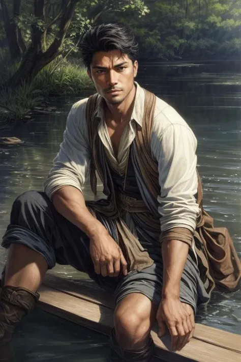 close up of 1 man, handsome, of philipino descent, wizard sitting by a river, at sunrise, beautiful face, beautiful sky, (oil painting), classical art:0.4, detailed, intricate, (fantasy art), muted color:0.25, best quality, good anatomy, good composition, good proportions, good design, dynamic pose, good pose, realistic sky, realistic backgrounds, (cinematic), (highest quality, award winning, masterpiece:1.3), (art by Arthur Rackham:0.5), (((natural colors))), (photorealistic:1.4), ((empty hands, holding nothing)),<lora:add_detail:0.6>