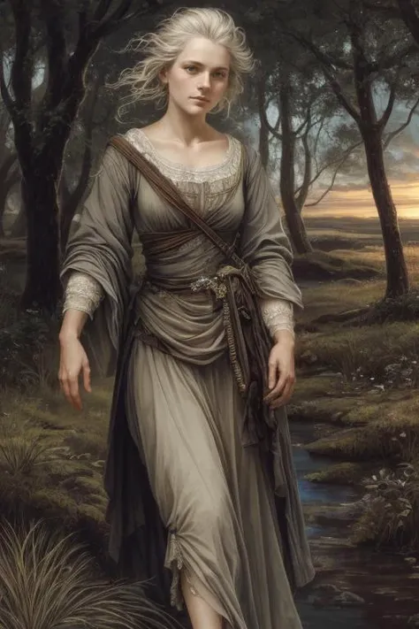 close up of 1 woman, old, of icelandic descent, bard walking in the forest, at sunset, beautiful face, beautiful sky, (oil painting), classical art:0.4, detailed, intricate, (fantasy art), muted color:0.25, best quality, good anatomy, good composition, good proportions, good design, dynamic pose, good pose, realistic sky, realistic backgrounds, (cinematic), (highest quality, award winning, masterpiece:1.3), (art by Arthur Rackham:0.5), (((natural colors))), (photorealistic:1.4), ((empty hands, holding nothing)),<lora:add_detail:0.6>