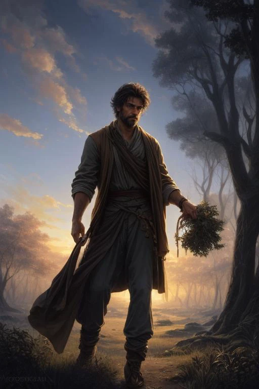 close up of 1 man, middle aged, of iranian descent, wizard walking in the forest, at sunrise, beautiful face, beautiful sky, (oil painting), classical art:0.4, detailed, intricate, (fantasy art), muted color:0.25, best quality, good anatomy, good composition, good proportions, good design, dynamic pose, good pose, realistic sky, realistic backgrounds, (cinematic), (highest quality, award winning, masterpiece:1.3), (art by Arthur Rackham:0.5), (((natural colors))), (photorealistic:1.4), ((empty hands, holding nothing)),<lora:add_detail:0.6>