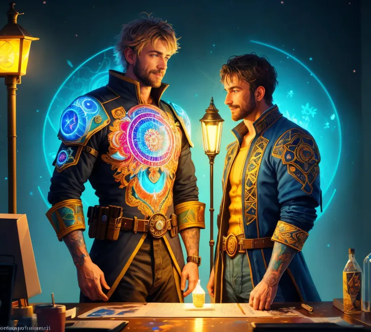 A tender moment between two men, illuminated by the warm glow of a streetlight, messy hair no clothing, happy, Full body, hyperdetailed painting, luminism, concept art, 4k resolution, fractal isometrics details bioluminescence , 3d render, octane render, intricately detailed , cinematic, trending on artstation Isometric Centred hyperrealistic cover photo awesome full color, hand drawn , gritty, realistic mucha , intricate,