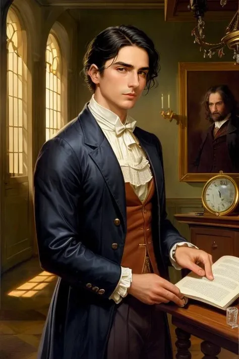 Pastels, Innocence, Timeless Library, Broad-shouldered Spanish man male with Ivory complexion, Octagonal face, Masculine jawline, Rounded nose , Black hair, Downturned eyes, Full eyebrows, eye lashes, small iris, closed lips,Sculpted facial contour, Chin crease, Delicate lips, Collage, Symmetrical, Cool, intricate detail, masterpiece, 8k, uhd, absurdres, style of Pieter de Hooch, style of David A. Hardy, featured on Epilogue,