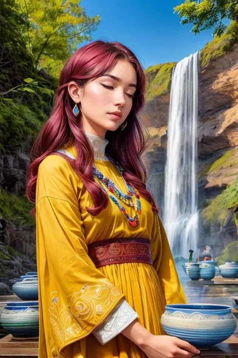 Photography, Resistance, Mystical Waterfalls, Lean Alaskan Native woman female with Sun-kissed complexion, Square face, Defined jawline, Upturned nose , Maroon hair, Close-set eyes, Short eyebrows, eye lashes, small iris, closed lips,Angular cheeks, Weak chin, Subtle lips, Ceramics pottery, Unbalanced, Tertiary, intricate detail, masterpiece, 8k, uhd, absurdres, style of Mattias Adolfsson, style of Richard Scarry, featured on Instagram,