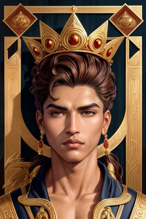 Sculpture, Mythology, Enchanted Mountains, Stout Peruvian man male with Dusky complexion, Downturned face, Strong jawline, Flat nose , Chestnut hair, Squinty eyes, Bold eyebrows, eye lashes, small iris, closed lips,Sculpted facial contour, Defined chin, Symmetrical lips, Gold leaf gilding, Vertical, Complementary, intricate detail, masterpiece, 8k, uhd, absurdres, style of David Alfaro Siqueiros, style of George Barbier, featured on ZBrushCentral,