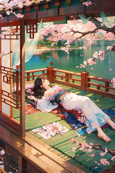 ((1girl)),solo,lying on back on bamboo mat bed in garden,paper fan,thin hanfu,foggy,(curtain),tiles roof,translucent silk chiffon kimono,light green and white,off shoulders,chinese painting,gongbi style,water_color,(cherry blossoms:1.4),(trees, artificial mountain),koi,wooden windows,doors,bed,stone,trandional architecture,temple,tower,wall,chinese garden,long hair,full body,bangs,(masterpiece, Extremely detailed, best quality, highres:1.2),(ultra_detailed, UHD:1.2),soft smile,<lora:huyefo2-000008:0.6>,, (masterpiece, best quality, high quality, highres, ultra-detailed),