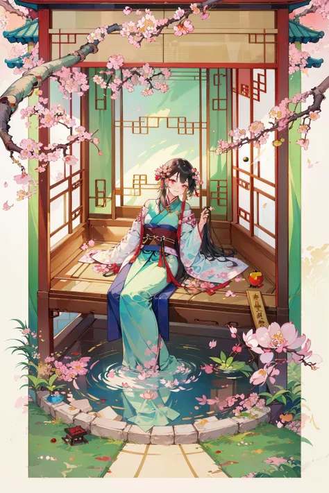 ((1girl)),solo,lying on back on bamboo mat bed in garden,paper fan,thin hanfu,foggy,(curtain),tiles roof,translucent silk chiffon kimono,light green and white,off shoulders,chinese painting,gongbi style,water_color,(cherry blossoms:1.4),(trees, artificial mountain),koi,wooden windows,doors,bed,stone,trandional architecture,temple,tower,wall,chinese garden,long hair,full body,bangs,(masterpiece, Extremely detailed, best quality, highres:1.2),(ultra_detailed, UHD:1.2),soft smile,<lora:huyefo2-000008:0.8>,, (masterpiece, best quality, high quality, highres, ultra-detailed),