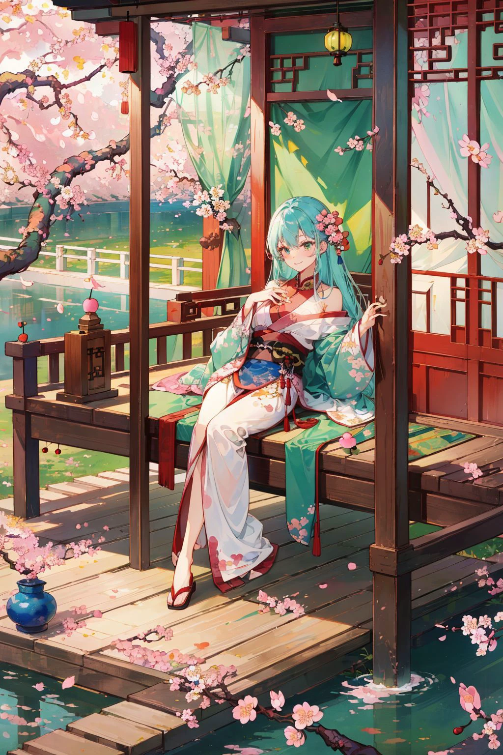 ((1girl)),solo,lying on back on bamboo mat bed in garden,paper fan,thin hanfu,foggy,(curtain),tiles roof,translucent silk chiffon kimono,light green and white,off shoulders,chinese painting,gongbi style,water_color,(cherry blossoms:1.4),(trees, artificial mountain),koi,wooden windows,doors,bed,stone,trandional architecture,temple,tower,wall,chinese garden,long hair,full body,bangs,(masterpiece, Extremely detailed, best quality, highres:1.2),soft smile,<lora:huyefo2-000008:0.6>,huyefo, (masterpiece, best quality, high quality, highres, ultra-detailed),
