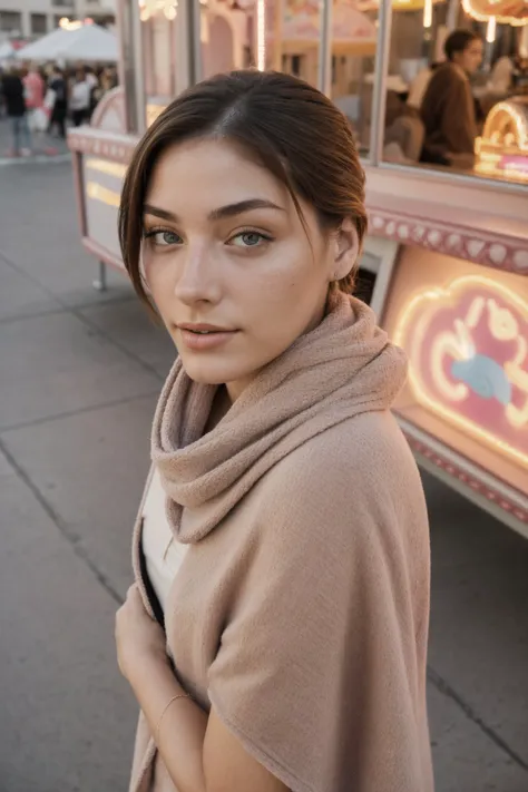 (high angle, headshot:1.2) photo of <lora:CandelaGallo_v1:1> CandelaGallo, she is wearing poncho , she is wearing scarf, her hair is styled as slicked back lob hair, BREAK she is (at a carnival:1.1), soft lighting, shot on Hasselblad X1D II, fine texture,smooth color gradations, Fujicolor Pro ,