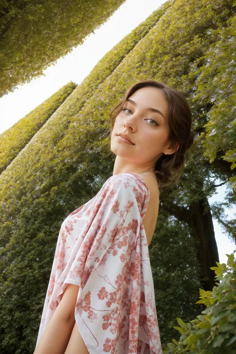 (low angle, headshot:1.2) photo of <lora:CandelaGallo_v1:1> CandelaGallo, she is wearing cherry blossom print poncho , she is wearing necklace, her hair is styled as asymmetrical shoulder-length hair, BREAK she is (wandering a hedge maze:1.1), soft diffused lighting, shot on Aaton LTR, Ektar 100 ,8mm fisheye lens ,