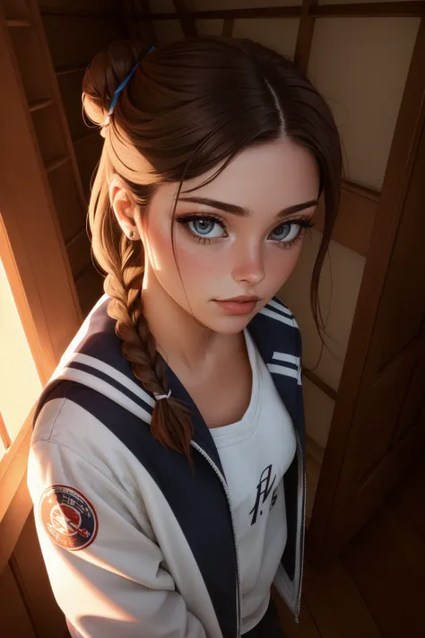 (high angle, headshot:1.2) photo of <lora:CandelaGallo_v1:1> CandelaGallo wearing makeup, she is wearing letterman jacket , she is wearing lapel pin, her hair is styled as Straight Fishtail Braid Bun, BREAK she is (in the attic:1.1), soft diffused lighting, shot on Leica M3, color filter,