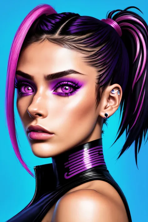 neonpunk style, cyberpunk, vaporwave, neon, vibes, vibrant, stunningly beautiful, crisp, detailed, sleek, ultramodern, magenta highlights, dark purple shadows, high contrast, cinematic, ultra detailed, intricate, professional <lora:CandelaGallo_v1:.9> CandelaGallo, focus on eyes, close up on face, hair styled high ponytail hair