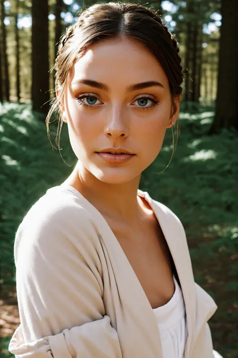 (shot from a Dutch angle, closeup on face:1.2) photo of <lora:CandelaGallo_v1:1> CandelaGallo wearing makeup, she is wearing sweatpants , she is wearing wide sleeves, her hair is styled as dutch fishtail updo, BREAK she is (walking in a forest:1.1), soft diffused lighting, shot on Lumix GH5, dynamic range,cinematic bokeh, 8mm fisheye lens ,Velvia 100 ,
