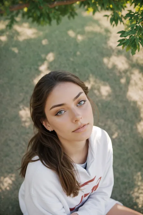 (high angle, headshot:1.2) photo of <lora:CandelaGallo_v1:1> CandelaGallo wearing makeup, she is wearing sweatshirt , she is wearing epaulettes, her hair is styled as fringe hair, BREAK she is (sitting under a tree:1.1), high key brightly lit, shot on Sony A7III, 50mm ,lens flare,Porta 160 , in the style of Mickalene Thomas