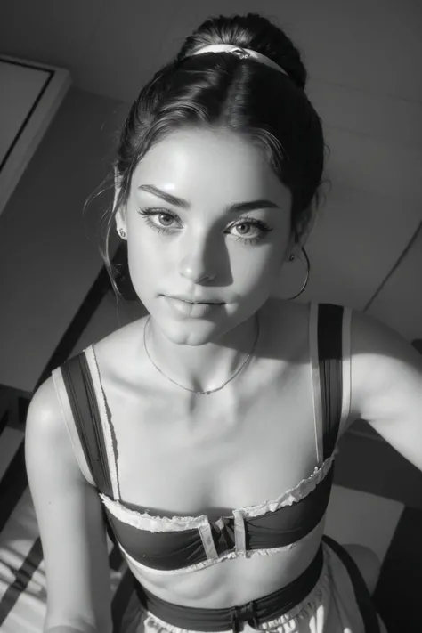 (from above, closeup on face:1.2) photo of <lora:CandelaGallo_v1:1> CandelaGallo wearing makeup, she is wearing dirndl, she is wearing wristband, her hair is styled as messy bun hair, BREAK she is (in the granny flat:1.1), radiant god rays, shot on Hasselblad X1D II, fine texture,smooth color gradations, bokeh,(Tri-X 400:1.8) ,