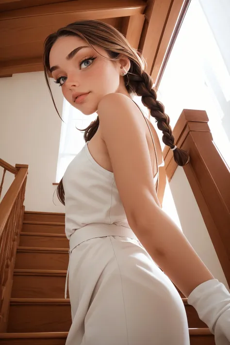 (from below, closeup on face:1.2) photo of <lora:CandelaGallo_v1:1> CandelaGallo wearing makeup, she is wearing mino boushi, she is wearing mittens, her hair is styled as diagonal braid, BREAK she is (in the staircase:1.1), soft lighting, shot on Canon EOS 5D, smooth background bokeh, bokeh,