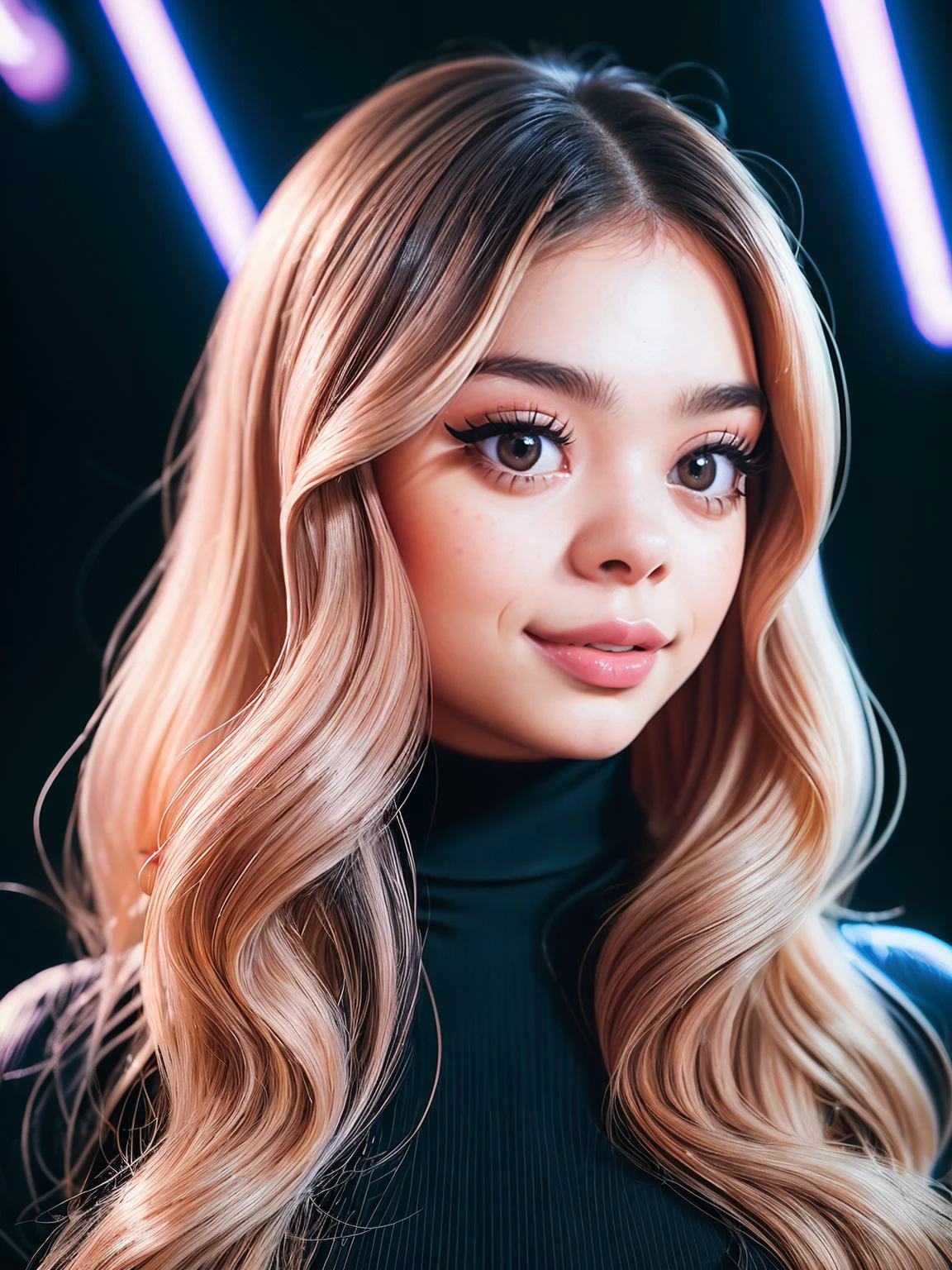 closeup portrait of beautiful (block_mollylittle:0.99), a woman, perfect wavy hair, wearing long sleeved turtleneck dress, in a nightclub, neon lights, (analog, cinematic, film grain), (looking at viewer), shot with Fuji XT3, 85mm
