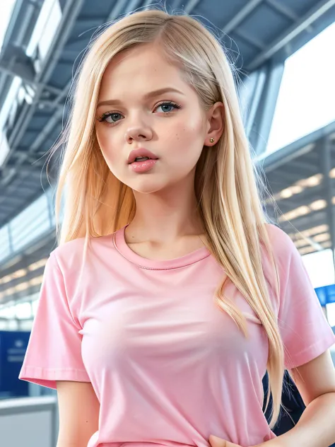 photo of beautiful (block_cocolove:0.99), a beautiful woman, perfect blonde hair, (closeup portrait), (wearing a pink t-shirt and jeans:1.2), (airport terminal), intricate details