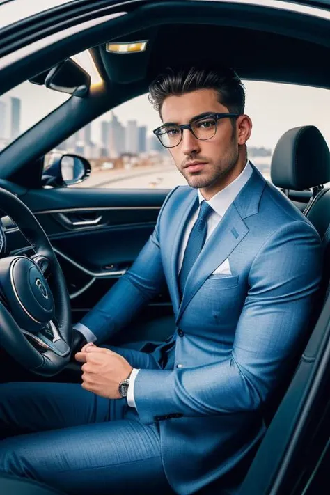 (1boy, solo, medium shot, looking at camera, masterpiece, best quality, ultrarealistic photography, real life, colorful, amazing, perfect lighting, bright colors, dramatic, dynamic, cinematic lighting, hyperrealism, intricate details, realism
:1.1)
a powerful british male bodybuilder stting in the driving seat of a turbo sports car
wearing glasses and armani business suit,
background night city