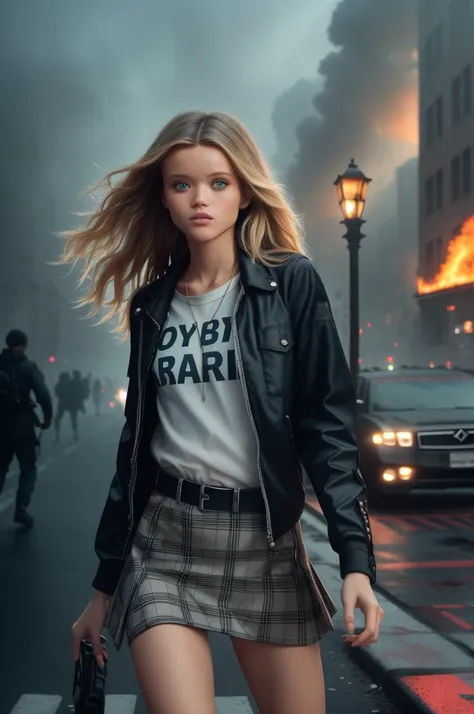 tvAbbey_Lee_v1, ,nikon, scene, full body shot, walking through the street of a burning city, wearing a plaid skirt, wearing a white shirt, war torn, rubble, ruins, fog, night, detailed skin, epiCRealism, epiCPhoto,