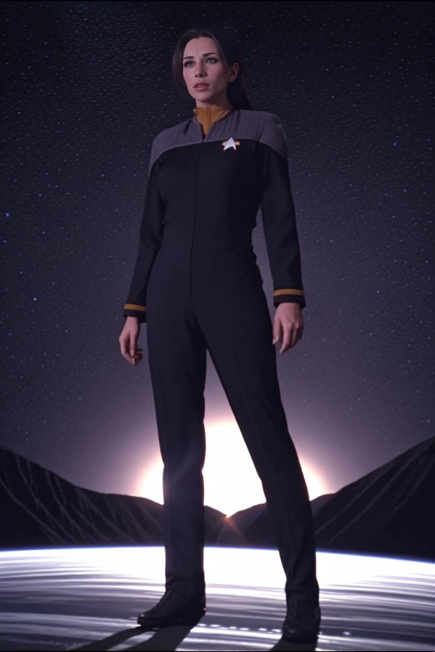 (ds9st operations:1.3),black sleeves,<lora:Ds9Divi:0.8>
BREAK
woman walking on a surface of an alien planet
BREAK
([ Meghan Ory|Jennifer Love Hewitt]),
BREAK
Masterpiece, Best Quality, ultrarealistic photography, real life, colorful, cinematic lighting, hyperrealism, intricate details,
adventures in space,
cinematic movie still, dynamic pose
<lora:LCM_LoRA_Weights_SD15:1>