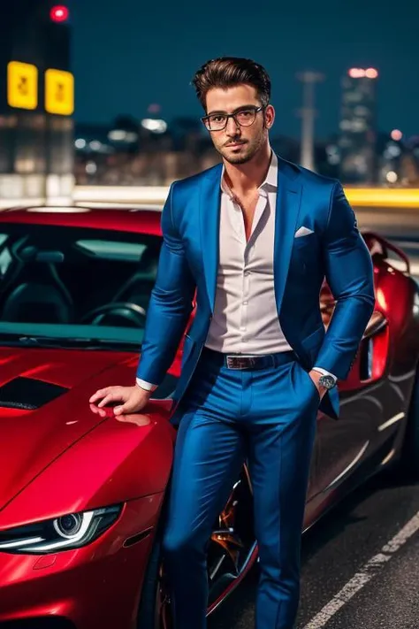 (1boy, solo, medium shot, looking at camera, masterpiece, best quality, ultrarealistic photography, real life, colorful, amazing, perfect lighting, bright colors, dramatic, dynamic, cinematic lighting, hyperrealism, intricate details, realism
:1.1)
a powerful british male bodybuilder stting in the driving seat of a turbo sports car
wearing glasses and armani business suit,
background night city