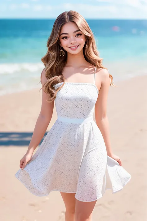 wide angle, portrait of beautiful (block_mollylittle:0.99), a woman, perfect wavy hair, summer dress, on a beach promenade, posing, bright and sunny day, (analog, cinematic, film grain), detailed eyes, (color picture:1.1), (looking at viewer), shot with Fuji XT3, 85mm