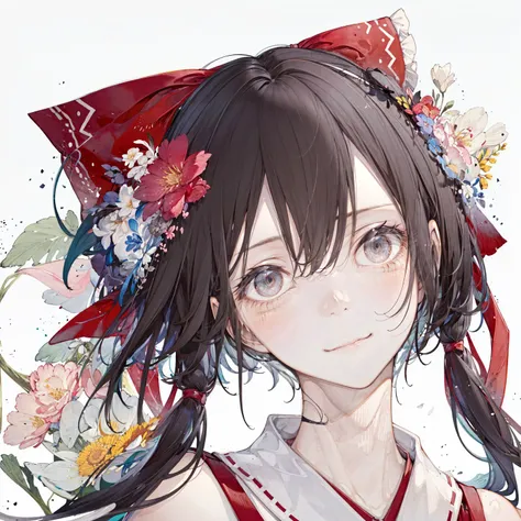 face focus,1girl, choker, crescent print, floral print, flower, hair between eyes, hair flower, hair ornament, headband, looking at viewer,hakurei reimu,(brown hair),white theme, solo, portrait, (white background), simple background, twintails, bangs, ribbon, long hair, closed mouth, fierce eyes,grey eyes, cropped shoulders, neck ribbon, head tilt, black ribbon, blush, smile, hair ribbon, <lora:hitoimimStyleLoha_v20b:0.7>
