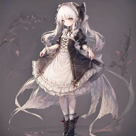 masterpiece, best quality, <lora:hito_loha_v2b_artist_style:0.7>,simple background,full body,ribbon,bow,white_hair, <lora:Loraeyes_V1:0.5>,standing, looking at viewer, cross-laced footwear
