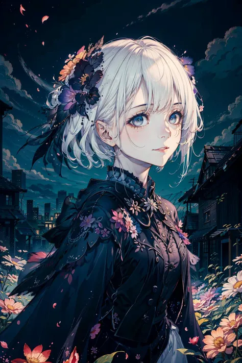 masterpiece, best quality,
1girl, (colorful),(finely detailed beautiful eyes and detailed face),cinematic lighting,bust shot,extremely detailed CG unity 8k wallpaper,white hair,solo,smile,intricate skirt,((flying petal)),(Flowery meadow)
sky, cloudy_sky, building, moonlight, moon, night, (dark theme:1.3), light, fantasy, <lora:hitoimimStyleLoha_v10d:0.7>