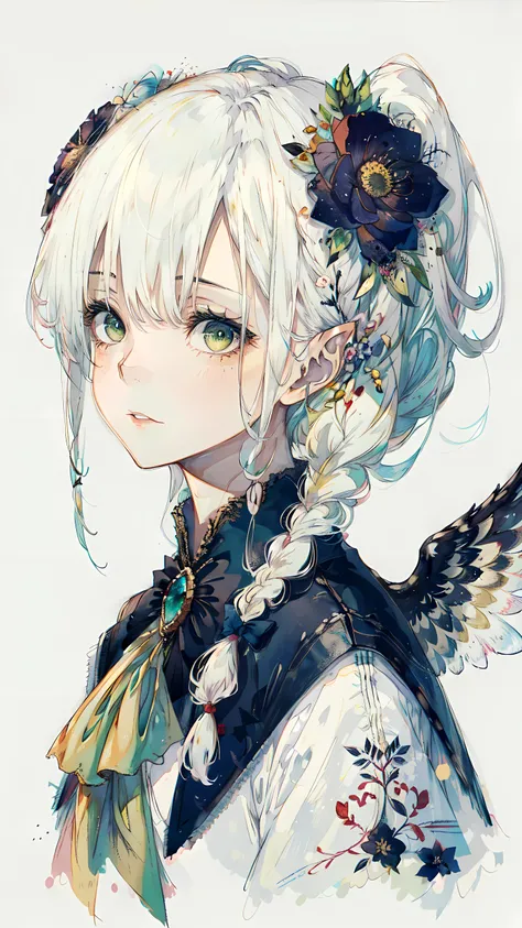 1girl, elf, pointy ears, blue background, braid, cropped shoulders, expressionless, looking at viewer, moose, parted lips, short hair, side braids, simple background, solo, twin braids, upper body, white hair, green eyes, bangs, flower, ascot, hair ornament, animal, portrait, wings, brooch, jewelry, bow, hair bow, gem, closed mouth, hair between eyes, black bow, rose, black flower, white wings, ponytail,  <lyco:hito_loha_v2b:0.7>