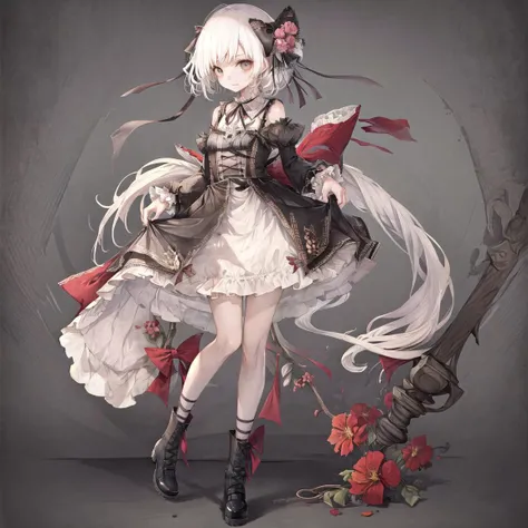 ((best quality)), ((masterpiece)), (detailed), blank white background, plain background, white background, red and white clothing, Bloodborne inspired, occult aesthetic, occult, detailed and intricate steampunk and detailed gothic, NSFW, Very dramatic and cinematic lighting, cosmic horror, grim-dark, side-lighting, perfect face, NSFW, Fluttering lace flared long knee length dress with frilly petticoats, knee length dress, pleated petticoats, lolita dress, petticoats gothic lolita, complex lace boots, side-lighting, gothic lolita aesthetic, wielding a mighty sword, carbine, NSFW, beautiful small breasts, small breasts, full body, whole body, body, plain background, white background, blank background, no background, white background NSFW, full body, whole body, head-to-toe NSFW