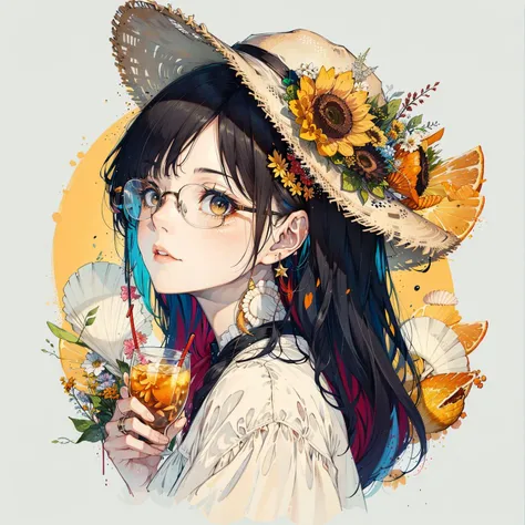 1girl, solo, starfish, seashell, shell, flower, hat, hair ornament, jewelry, straw hat, looking at viewer, sunglasses, hat flower, drinking straw, hairclip, earrings, red flower, tinted eyewear, yellow flower, bangs, english text, multicolored hair, orange flower, black hair, ring, cup, long hair, orange-tinted eyewear, food, brown hair, portrait, shell hair ornament , <lora:hitoimimStyleLoha_v10d:0.7>
