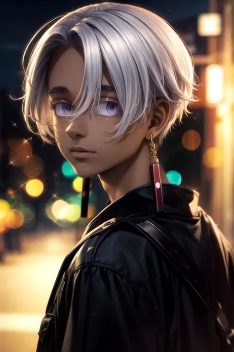 photorealistic, (4k), depth of field, (Masterpiece), (realistic skin texture), extremely detailed, intricate, hyper detailed, high resolution, professional photography, bokeh, depth of field, sharp detail, best quality, looking at viewer, 1boy, solo, male focus, <lora:izana_kurokawa:0.78>, izana_kurokawa, white hair, purple eyes, , dark skin, short hair, , factory,