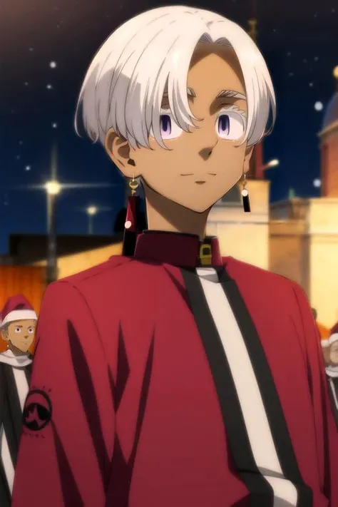 (best quality:1.1), (masterpiece:1.4), wallpaper, , upper body, depth of field, anime coloring, realistic, 1boy, solo, male focus, <lora:izana_kurokawa:0.98>, izana_kurokawa, white hair, purple eyes, , , , santa claus costume, A magical kingdom where everything is perfect and everyone is happy, 12k resolution