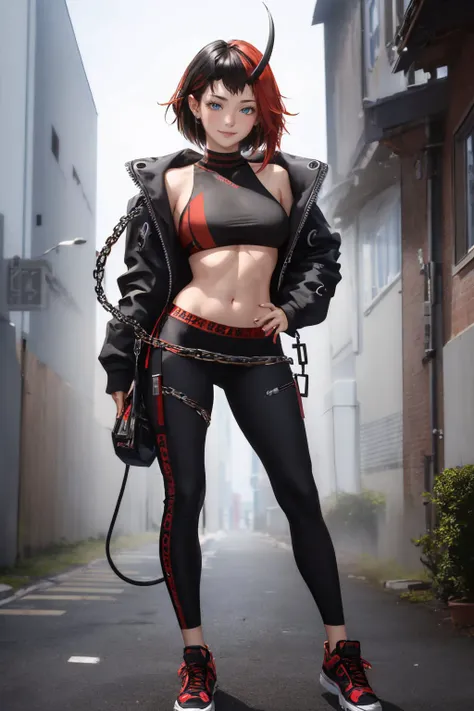 (masterpiece, best quality:1.2), <lyco:vtuber_ryugasaki-14:1.0>, full body, solo, 1girl, ryugasakiorig, smile, looking at viewer, short hair, black jacket, open jacket, black sports bra, underboob, black pants, shoes, zipper, chain, piercing, demon tail, midriff