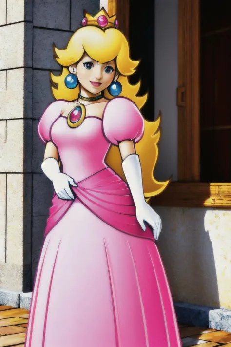 (Realistic:1.5) (masterpiece) 1girl, solo, long hair, smile, blonde hair, dress, jewelry, full body, earrings, white gloves, crown, pink dress, <lora:EdobPaperPeach_v2.0:0.8>