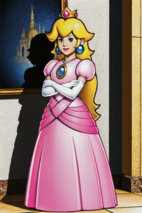 (Realistic:1.5) (masterpiece) 1girl, solo, long hair, smile, blonde hair, dress, jewelry, full body, earrings, white gloves, crown, pink dress, Standing with arms crossed in front of chest, <lora:EdobPaperPeach_v2.0:0.8>