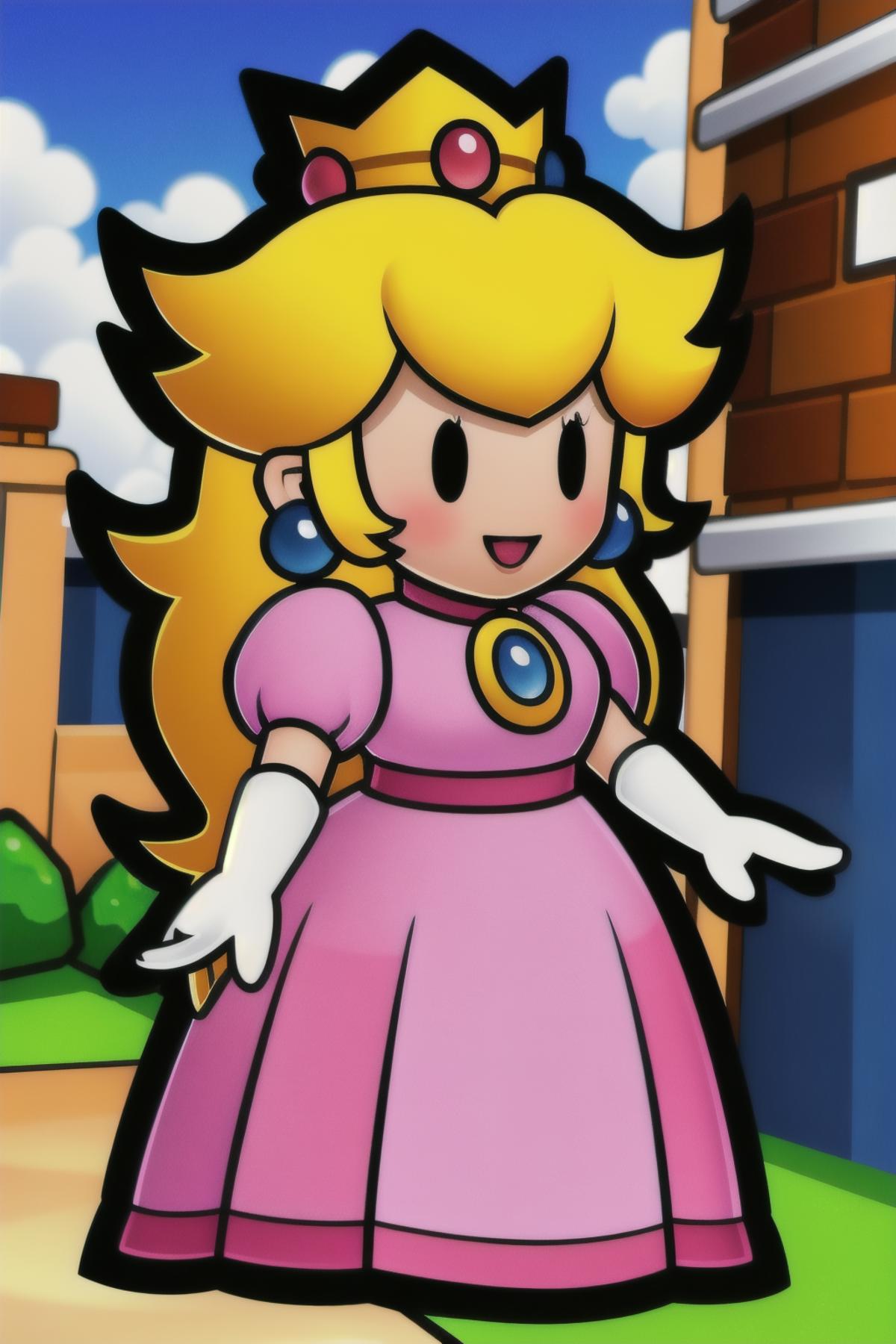 A cartoon princess in a pink dress standing in front of a building ...