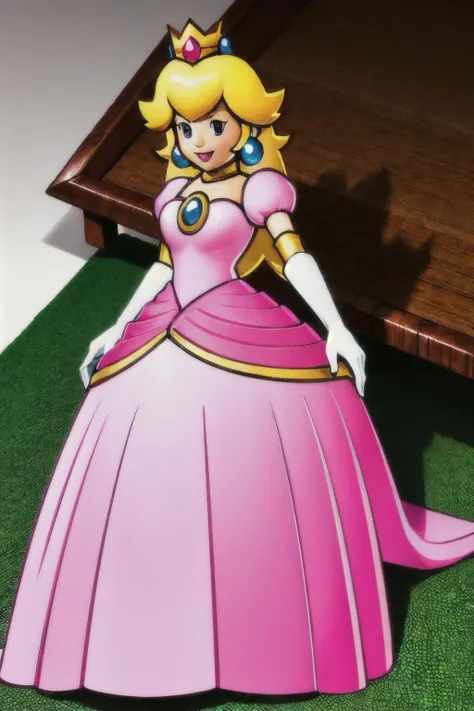 (Realistic:1.5) (masterpiece) 1girl, solo, long hair, smile, blonde hair, dress, jewelry, full body, earrings, white gloves, crown, pink dress, Lying on one side with legs bent, <lora:EdobPaperPeach_v2.0:0.8>